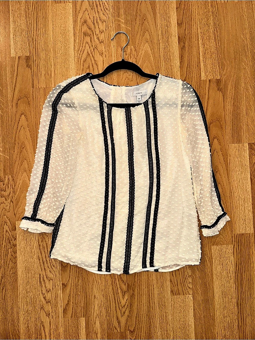 EUC J.Crew Women’s Petite Lace Trim Swiss-Dot Top Silk Blouse Ivory/Black- 00P